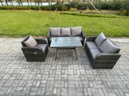 Rackhams Outdoor Rattan Garden Furniture Set 7 Seater Patio Lounge Sofa Set with Dining Table Dark Grey Mixed - thumbnail 1