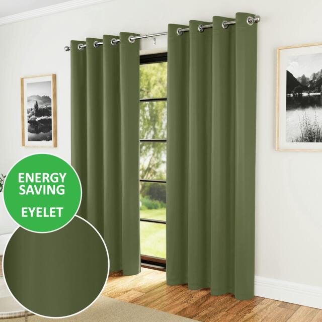 "Rackhams Nightfall  Plain Supersoft Thermal Room Darkening Eyelet Curtain - Pair for Living Room & Bedrooms - 46"" (117cm) Width x 72"" (183cm) Drop - Green" - image 1