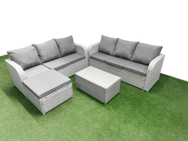 Rackhams 7-Seater High Back Rattan Garden Sofa Set - Light Grey Wicker Outdoor Furniture with Rectangular Coffee Table & Big Footstool - image 1