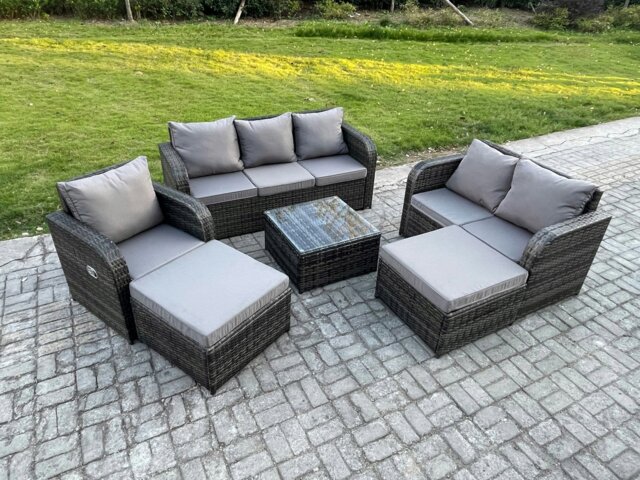 Rackhams 8 Seater High Back Rattan Garden Furniture Set with Square Coffee Table 2 Big Footstool Indoor Outdoor Patio Lounge Sofa Set Dark Grey Mixed - image 1