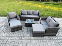 Rackhams 8 Seater High Back Rattan Garden Furniture Set with Square Coffee Table 2 Big Footstool Indoor Outdoor Patio Lounge Sofa Set Dark Grey Mixed - thumbnail 2