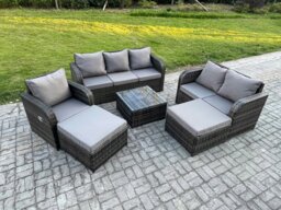 Rackhams 8 Seater High Back Rattan Garden Furniture Set with Square Coffee Table 2 Big Footstool Indoor Outdoor Patio Lounge Sofa Set Dark Grey Mixed - thumbnail 1