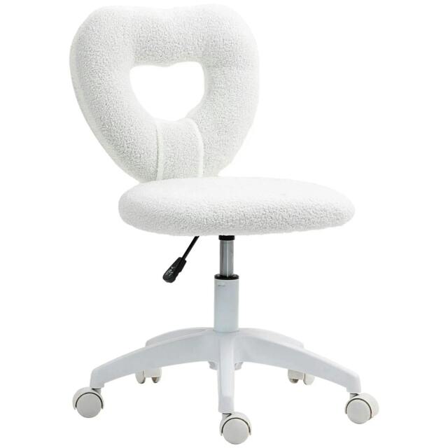 Rackhams Armless Heart Computer Desk Chair, Teddy Fleece Swivel Office Chair, Makeup Vanity Chair with Height Adjustable, Wheels, for Home Study Bedroom, White