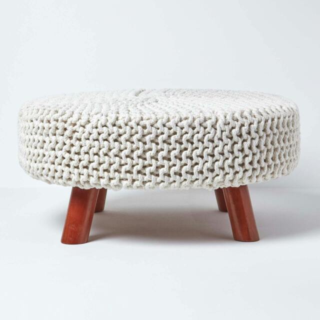 Rackhams Large Round Cotton Knitted Footstool on Legs - Natural - image 1