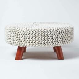 Rackhams Large Round Cotton Knitted Footstool on Legs - Natural