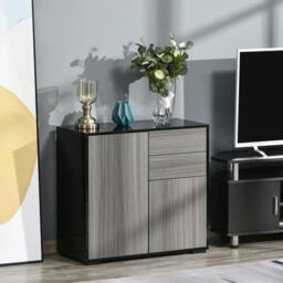 Rackhams High Gloss Frame Sideboard, Push-Open Design with 2 Drawer for Living Room, Bedroom, 74H x 79W x 36Dcm, Light Grey and Black - thumbnail 2