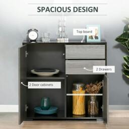 Rackhams High Gloss Frame Sideboard, Push-Open Design with 2 Drawer for Living Room, Bedroom, 74H x 79W x 36Dcm, Light Grey and Black - thumbnail 4