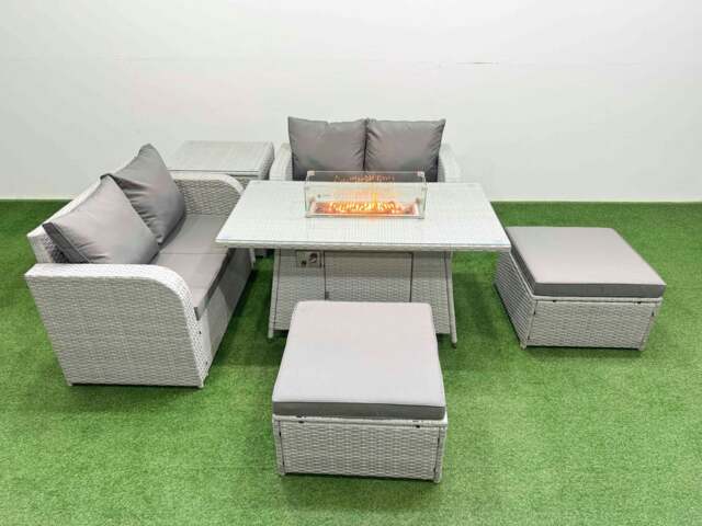 Rackhams 6 Seater Outdoor Love Sofa Set Rattan Garden Furniture Set with Fire Pit Dining Table 2 Footstool Side Table Light Grey - image 1