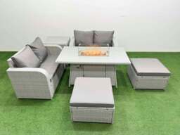 Rackhams 6 Seater Outdoor Love Sofa Set Rattan Garden Furniture Set with Fire Pit Dining Table 2 Footstool Side Table Light Grey - thumbnail 1