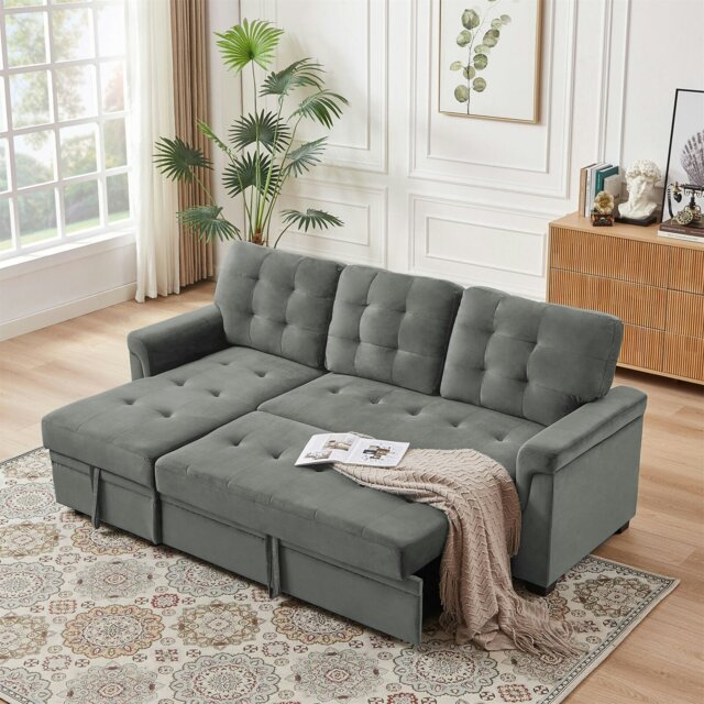 Rackhams L Shapred Corner Sofa Bed with Storage, Padded Sectional Transformable Sofa & Reversible Storage Chaise - Gray - Velvet - image 1