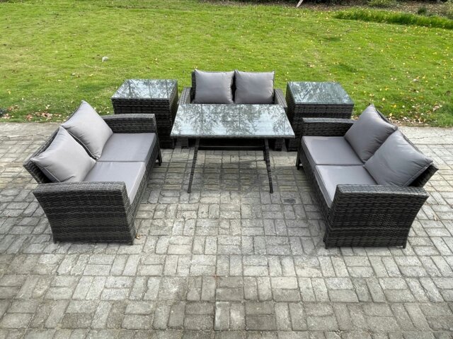 Rackhams 6 PCS Outdoor Lounge Sofa Set Wicker PE Rattan Garden Furniture Set with Rectangular Dining Table Love Seat Sofa 2 Side Tables Dark Grey Mixed - image 1