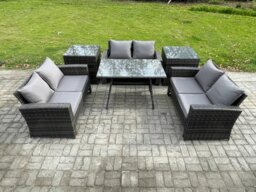 Rackhams 6 PCS Outdoor Lounge Sofa Set Wicker PE Rattan Garden Furniture Set with Rectangular Dining Table Love Seat Sofa 2 Side Tables Dark Grey Mixed - thumbnail 1