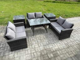 Rackhams 6 PCS Outdoor Lounge Sofa Set Wicker PE Rattan Garden Furniture Set with Rectangular Dining Table Love Seat Sofa 2 Side Tables Dark Grey Mixed - thumbnail 2