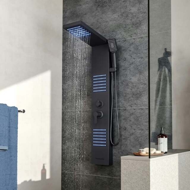 Rackhams 4 in 1 Bathroom Black Thermostatic Tower Shower Panel Wall Mounted - image 1