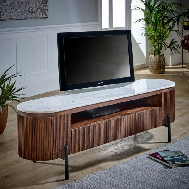 Rackhams Miel Mango Wood Large TV Stand With Marble Top & Metal Legs - 170 cm - 50 cm - Wood - image 1