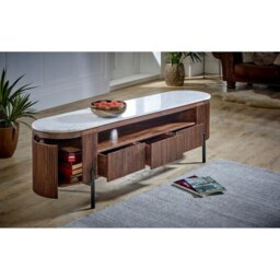 Rackhams Miel Mango Wood Large TV Stand With Marble Top & Metal Legs - 170 cm - 50 cm - Wood - thumbnail 3