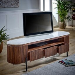 Rackhams Miel Mango Wood Large TV Stand With Marble Top & Metal Legs - 170 cm - 50 cm - Wood - thumbnail 2