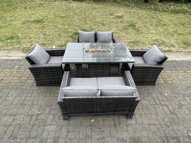 Rackhams Rattan Outdoor Furniture Gas Fire Pit Rectangle Dining Table Gas Heater Chairs Two Seater Love Sofa Sets 6 Seater - image 1