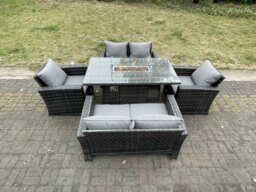 Rackhams Rattan Outdoor Furniture Gas Fire Pit Rectangle Dining Table Gas Heater Chairs Two Seater Love Sofa Sets 6 Seater