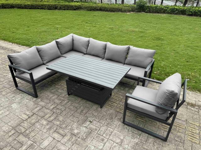 Rackhams 7 Seater Aluminium Garden Furniture Set with Adjustable Rising Dining Table,  Corner Sofa - Dark Grey