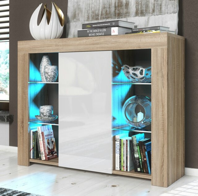 Rackhams Sophisticated 97.5cm TV Stand Sideboard – White High Gloss Door with Free LED - 97.5cm - Oak Matt Body & White Gloss Doors - 1 - image 1