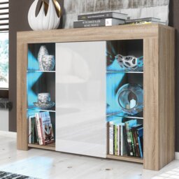 Rackhams Sophisticated 97.5cm TV Stand Sideboard – White High Gloss Door with Free LED - 97.5cm  - Oak Matt Body & White Gloss Doors - 1 - thumbnail 2