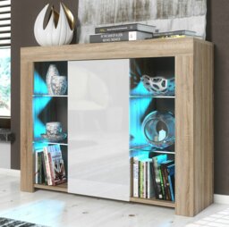 Rackhams Sophisticated 97.5cm TV Stand Sideboard – White High Gloss Door with Free LED - 97.5cm  - Oak Matt Body & White Gloss Doors - 1 - thumbnail 1