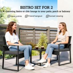 Rackhams Rattan Bistro Set, 3 PCS Garden Furniture with Cushion, Dark Grey - thumbnail 4