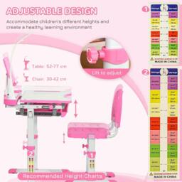 Rackhams Kids Study Desk and Chair Set w/ Adjustable Height, Storage, Drawer, Pink - thumbnail 4