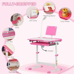 Rackhams Kids Study Desk and Chair Set w/ Adjustable Height, Storage, Drawer, Pink - thumbnail 5