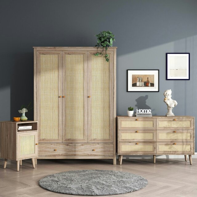 Rackhams Willow Rattan 3 Piece Bedroom Set with 3 Door Wardrobe, Bedside Table & Chest of 6 Drawers - Oak and Rattan