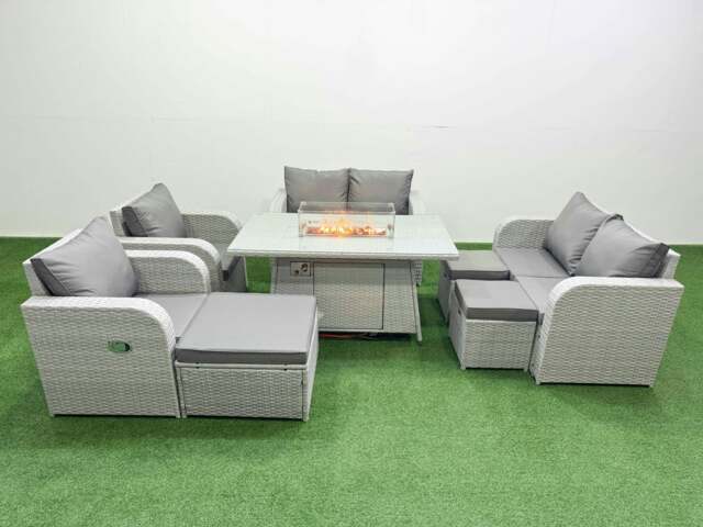 Rackhams 9 Seater Outdoor Reclining Chair Love Sofa Set Rattan Garden Furniture Set with Fire Pit Dining Table 3 Stools Light Grey - image 1