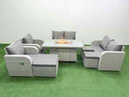 Rackhams 9 Seater Outdoor Reclining Chair Love Sofa Set Rattan Garden Furniture Set with Fire Pit Dining Table 3 Stools Light Grey - thumbnail 1