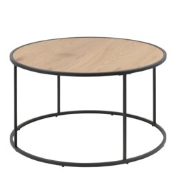 Rackhams Seaford Black Metal Round Coffee Table with Oak Top - 1 - Black and Natural - Brown - thumbnail 2
