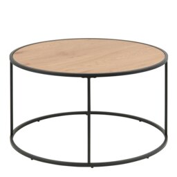 Rackhams Seaford Black Metal Round Coffee Table with Oak Top - 1 - Black and Natural - Brown
