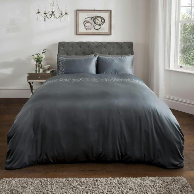 Rackhams Luxury Hotel Quality Diamonte Embellished Duvet Cover with Pillowcases - Charcoal - Super King (220cm x 260cm)