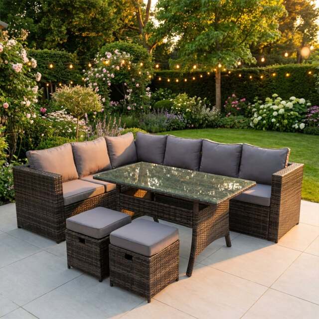 Rackhams 8 Seater Rattan Outdoor Garden Furniture Set with 2 Sofas, Rectangular Dining Table, Sofa & 2 Footstools - Dark Grey Mixed - image 1