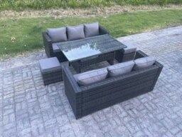 Rackhams 8 Seater Rattan Outdoor Garden Furniture Set with 2 Sofas, Rectangular Dining Table, Sofa & 2 Footstools - Dark Grey Mixed - thumbnail 4