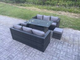Rackhams 8 Seater Rattan Outdoor Garden Furniture Set with 2 Sofas, Rectangular Dining Table, Sofa & 2 Footstools - Dark Grey Mixed - thumbnail 3