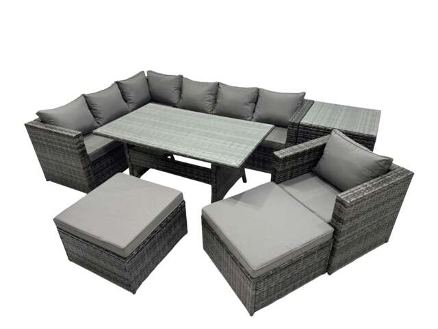 Rackhams Outdoor PE Rattan Sofa Set with Dining Table Patio Garden Furniture Sets with Side Table 2 Big Stool Dark Grey Mixed - image 1
