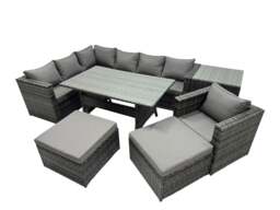 Rackhams Outdoor PE Rattan Sofa Set with Dining Table Patio Garden Furniture Sets with Side Table 2 Big Stool Dark Grey Mixed - thumbnail 1