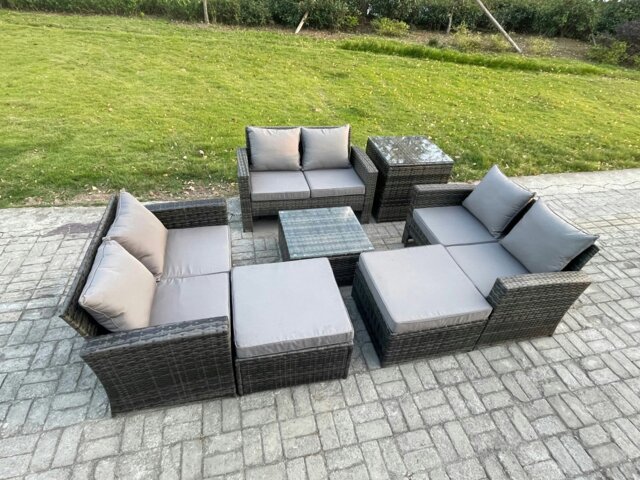 Rackhams Outdoor Lounge Sofa Set - Dark Grey Mixed PE Wicker Rattan Garden Furniture with Square Coffee Table & 2 Big Footstools - image 1