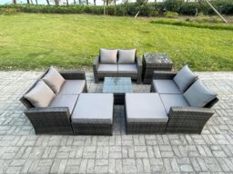 Rackhams Outdoor Lounge Sofa Set - Dark Grey Mixed PE Wicker Rattan Garden Furniture with Square Coffee Table & 2 Big Footstools - thumbnail 2
