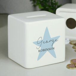 Rackhams Personalised Blue Star Ceramic Square Money Box - thumbnail 4