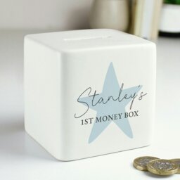 Rackhams Personalised Blue Star Ceramic Square Money Box - thumbnail 1
