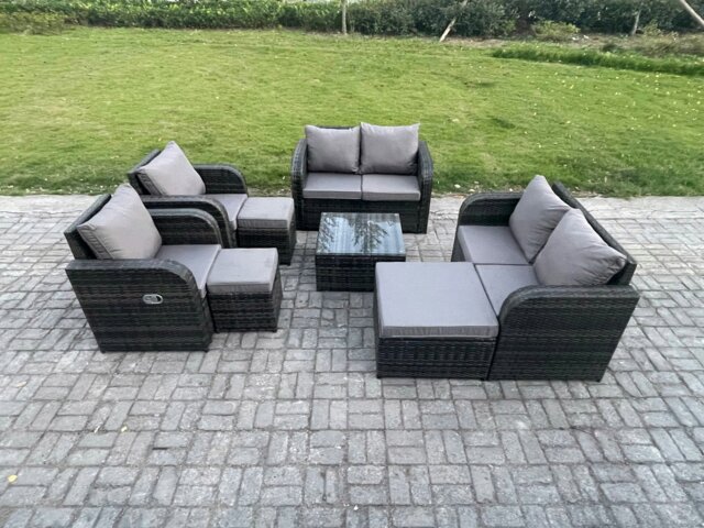 Rackhams Garden Furniture Set Rattan Outdoor Lounge Sofa Chair With Tempered Glass Table 3 Footstools Dark Grey Mixed - image 1