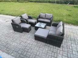 Rackhams Garden Furniture Set Rattan Outdoor Lounge Sofa Chair With Tempered Glass Table 3 Footstools Dark Grey Mixed - thumbnail 2
