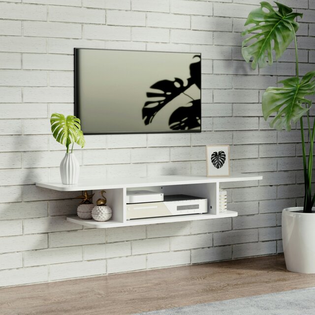 Rackhams Wall Mounted TV Stand Entertainment Unit with Storage Shelf, Black - White - image 1