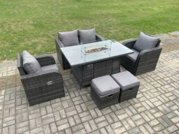 Rackhams Rattan Outdoor Garden Furniture Sofa Set Gas Fire Pit Dining Table Gas Heater with Love Sofa 2 Small Footstool Dark Grey Mixed - thumbnail 2