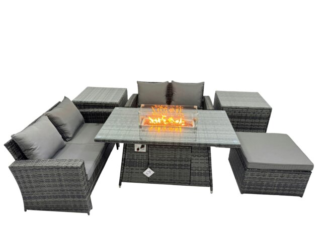 Rackhams Outdoor Love Sofa Set 5 Seat Rattan Garden Furniture Set with Gas Firpit Dining Table Big Footstool 2 Side Table Dark Grey Mixed - image 1